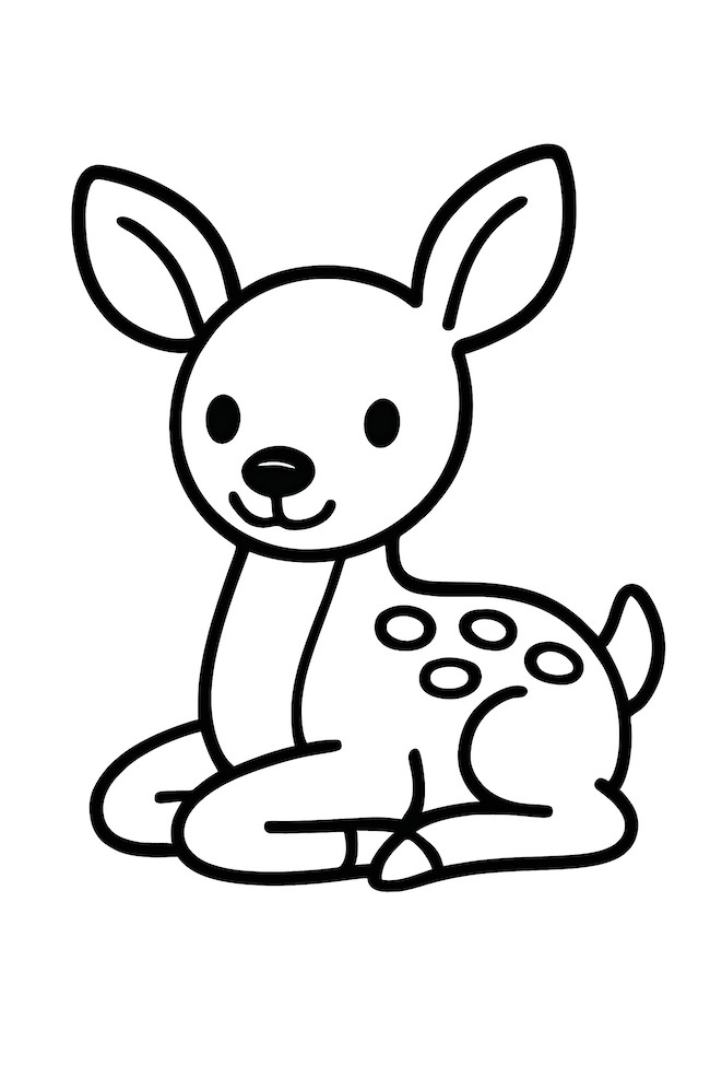 A delicate fawn lying down with perked ears and spots on its back