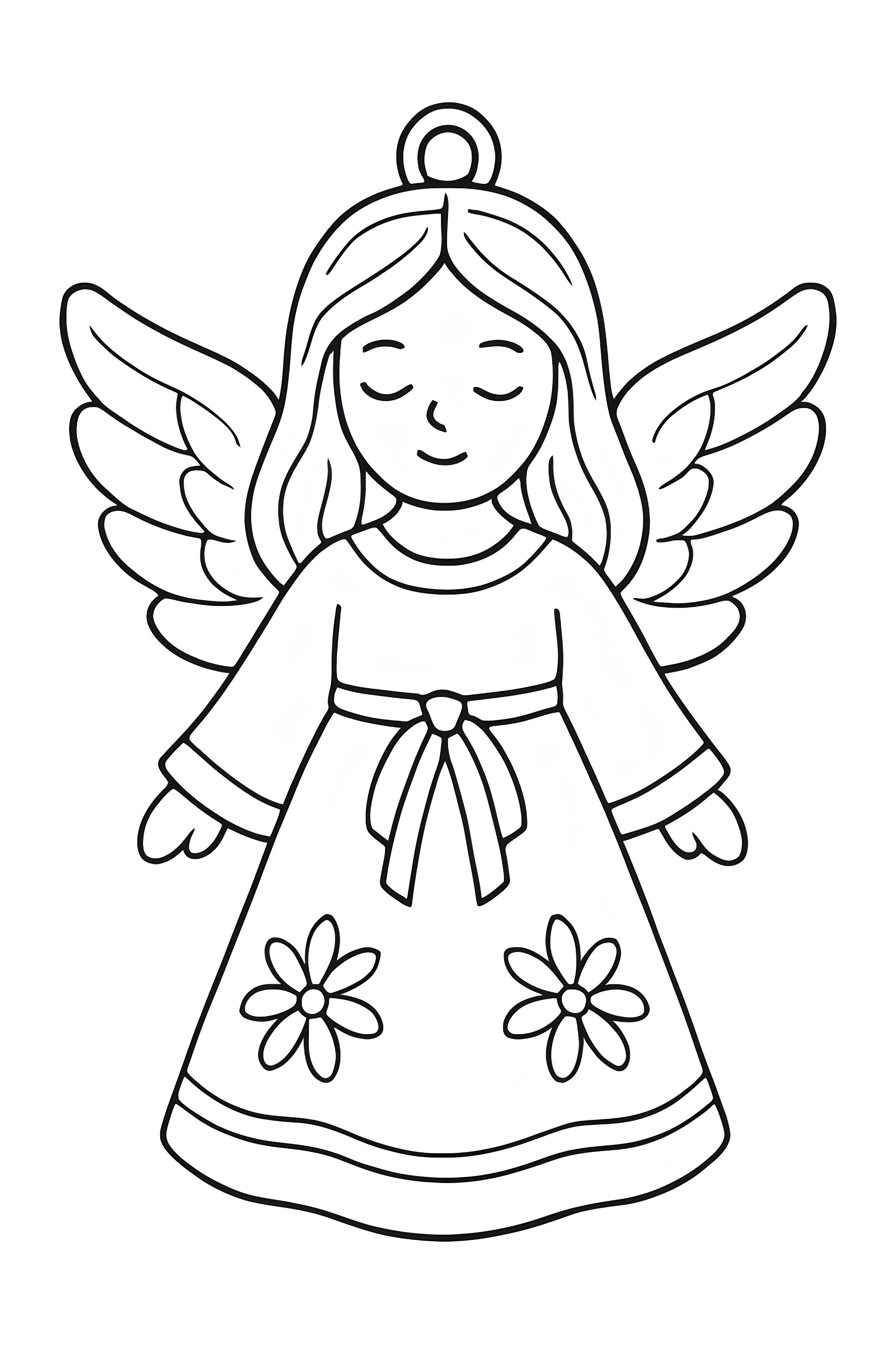 Coloring page featuring a porcelain angel ornament with detailed wings and a dress adorned with flowers
