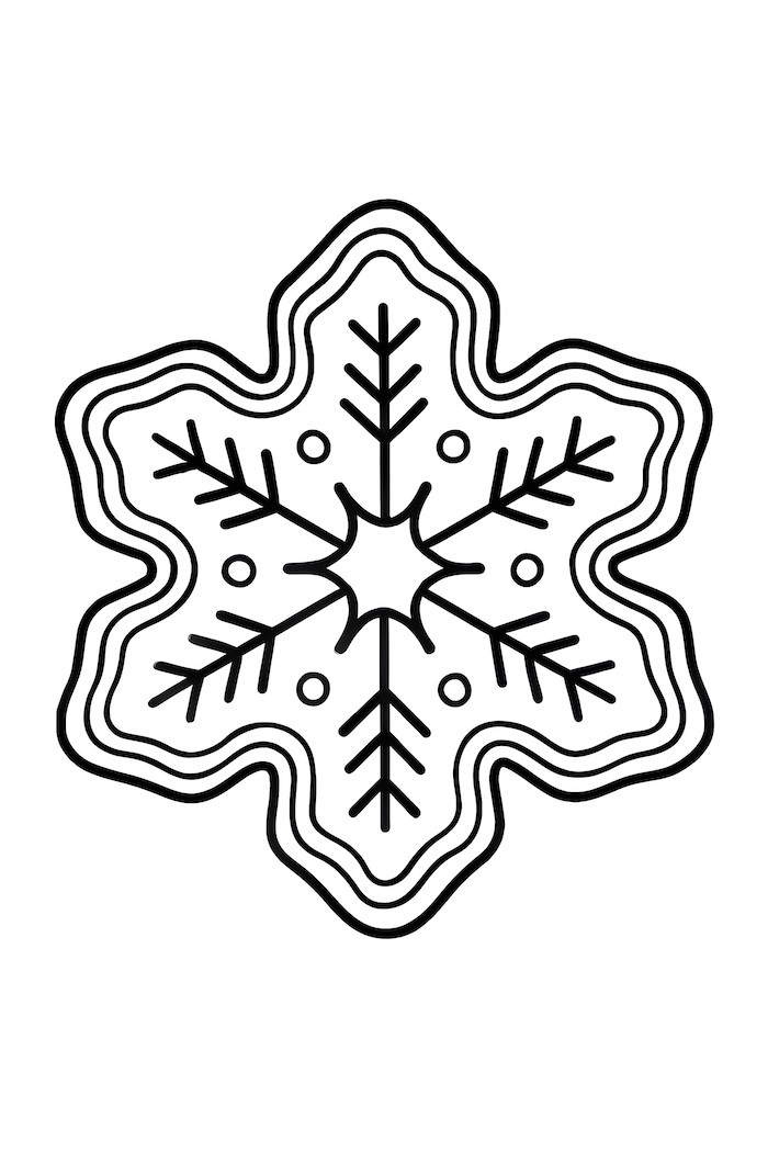 Coloring page of a snowflake cookie with intricate icing patterns and decorative elements