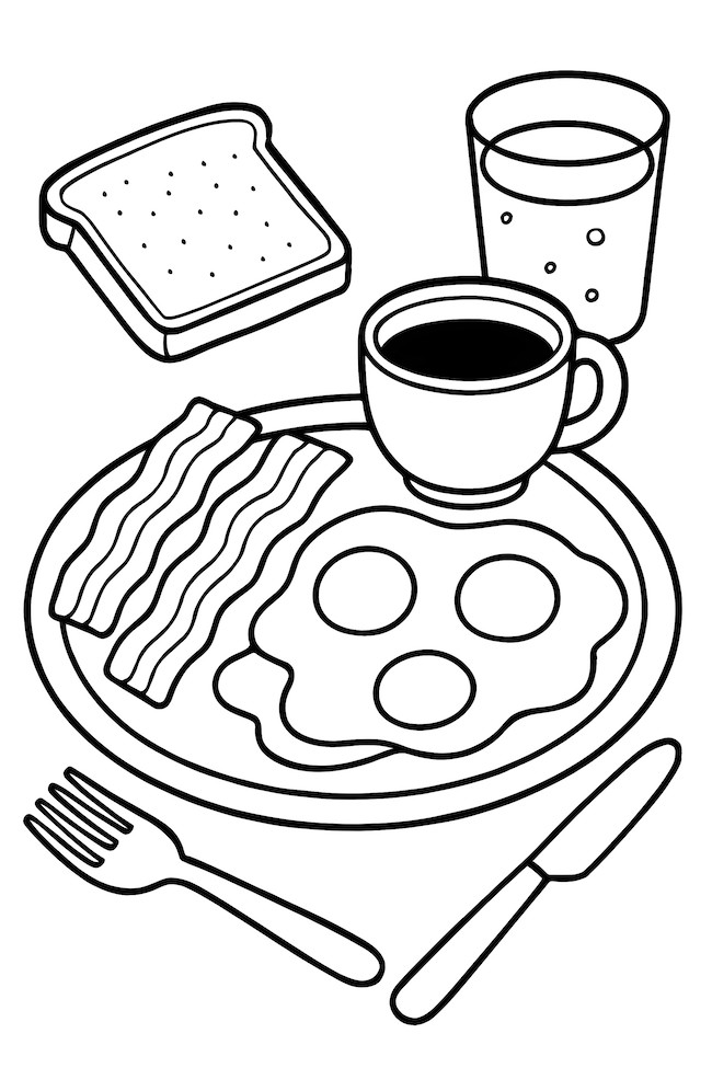 Coloring page featuring a breakfast table with bacon, eggs, toast, a cup of coffee, and a glass of water
