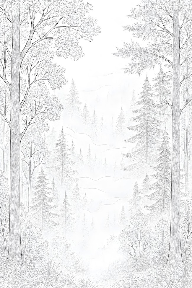 Coloring page of a dense forest scene featuring tall trees and misty background layers