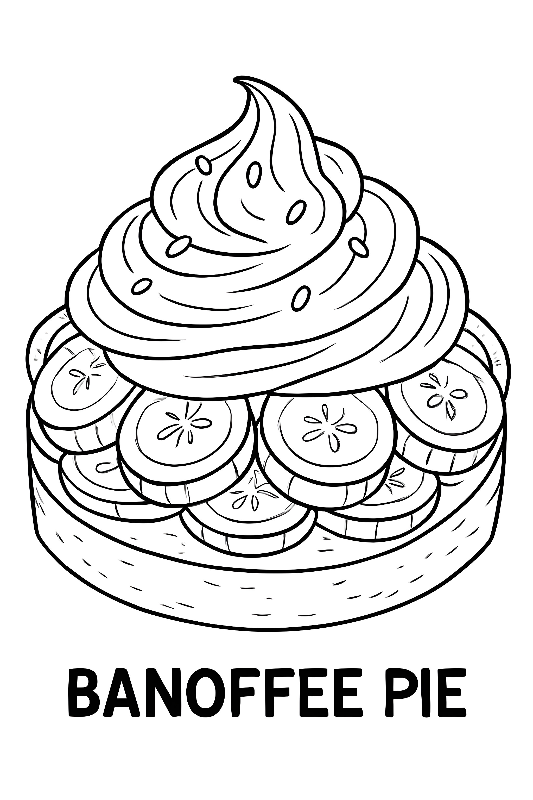 Coloring page of a banoffee pie topped with swirled cream and decorated with banana slices