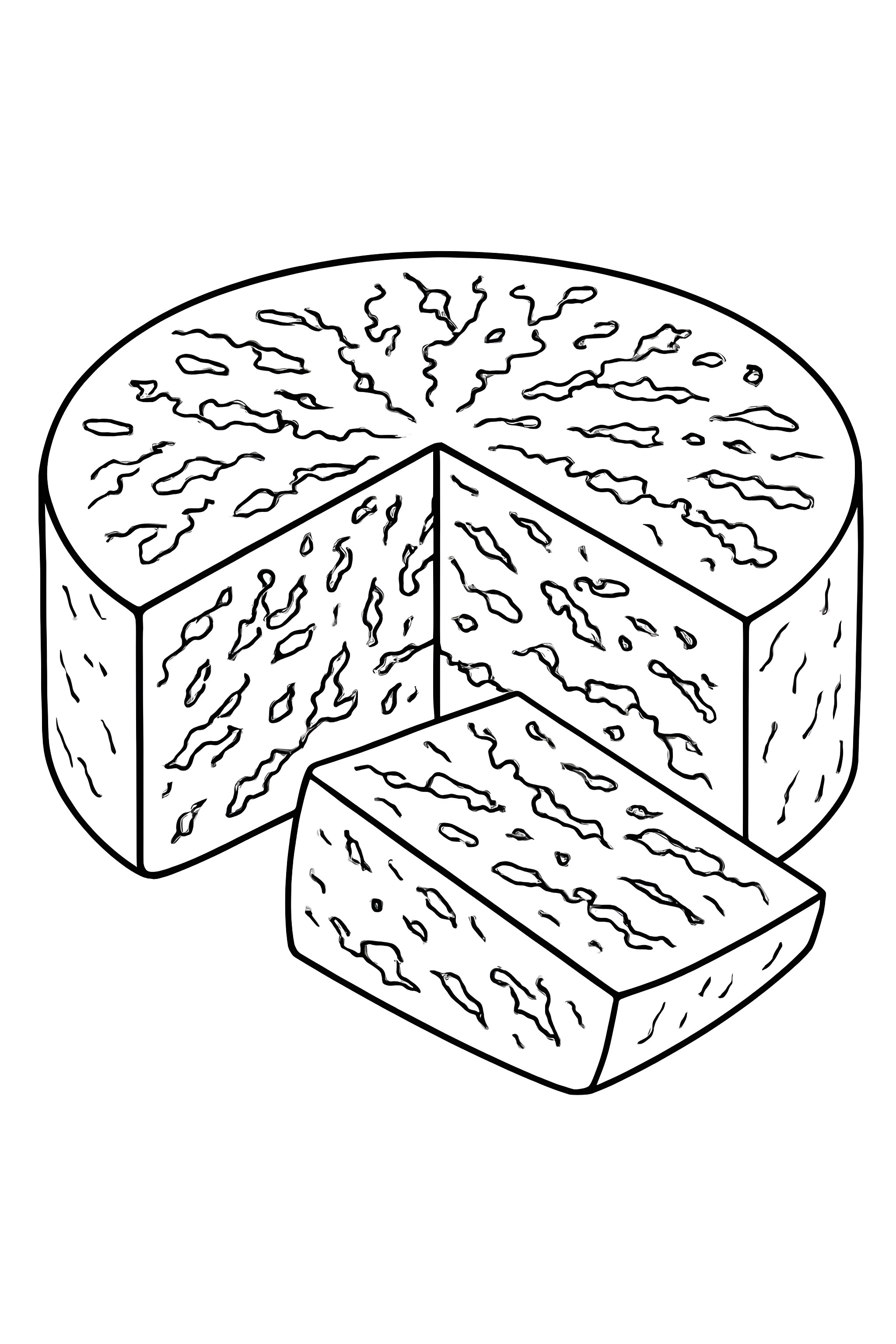 Coloring page featuring a wheel of blue cheese with visible blue veins and a wedge sliced out, showcasing its textured surface.