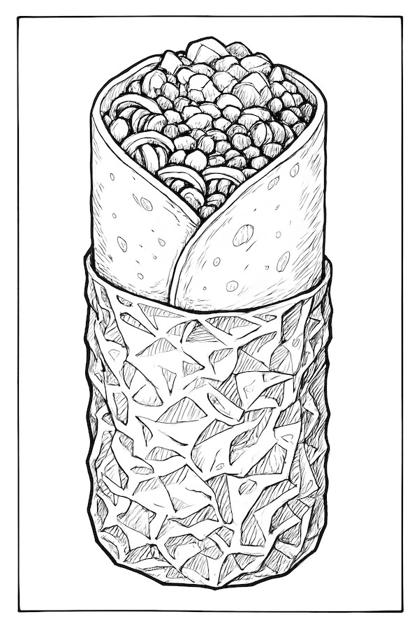 Coloring page of a detailed burrito wrapped in foil with visible filling ingredients and textured foil design