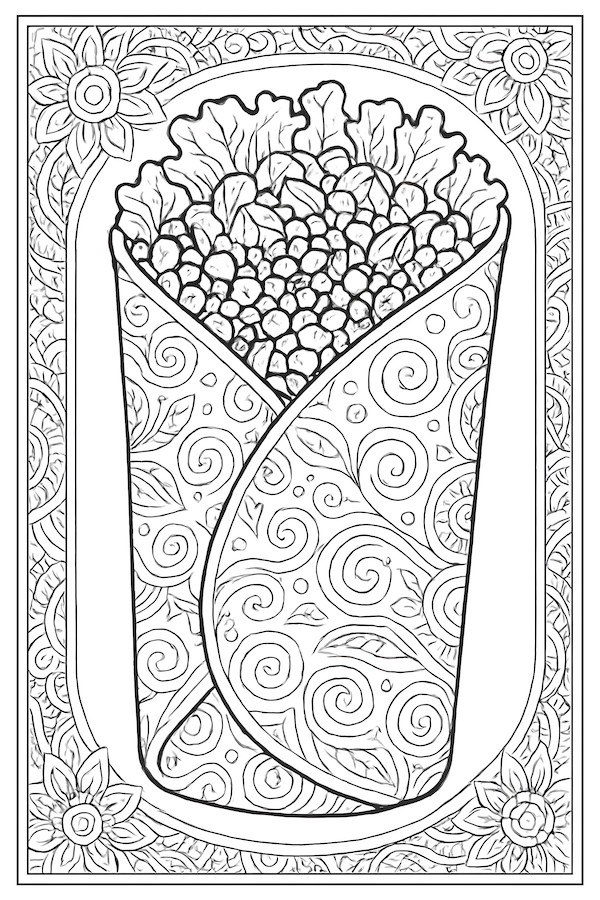 Coloring page of a detailed burrito filled with lettuce and beans, adorned with swirly patterns and floral elements