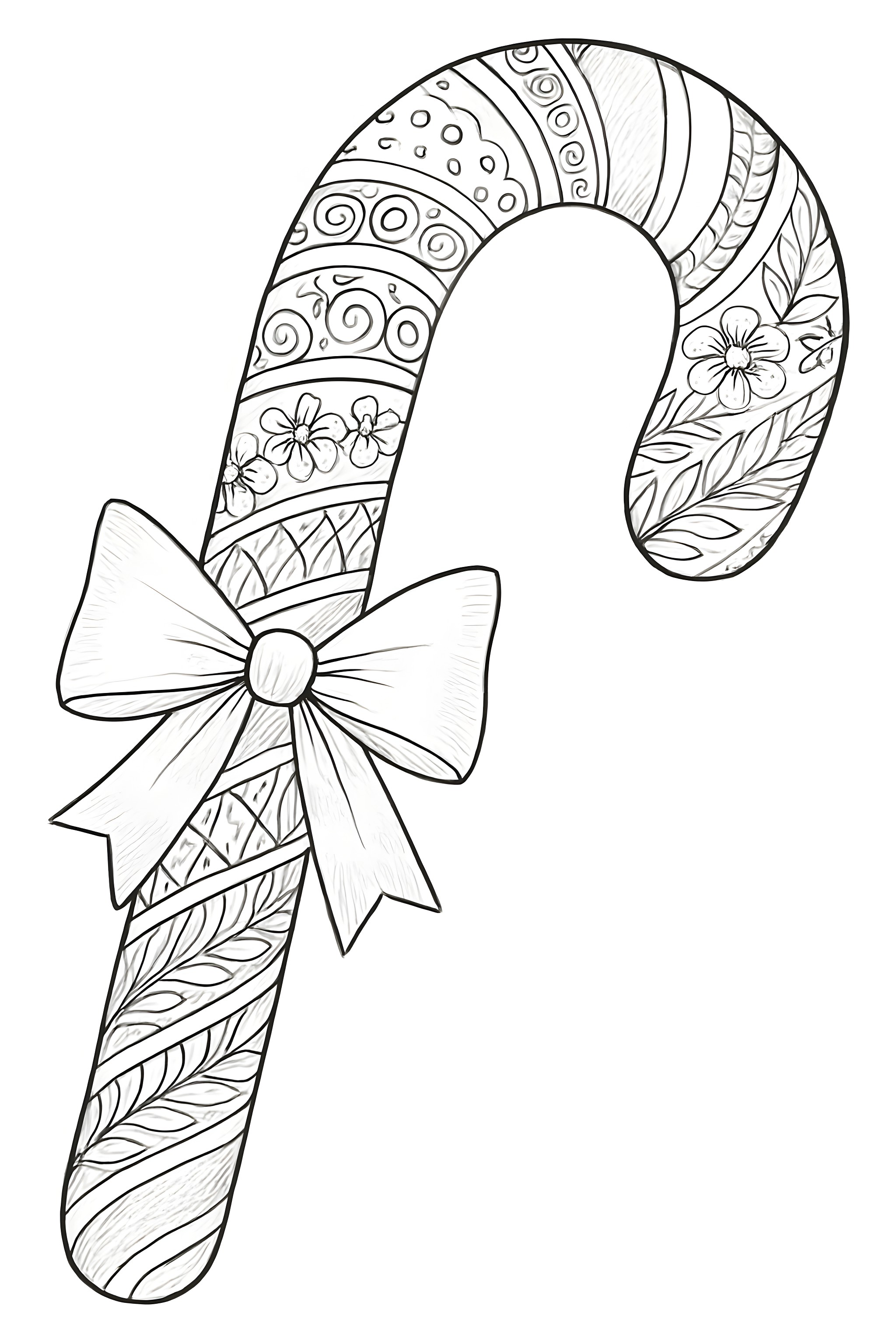 A decorative candy cane featuring intricate patterns and a large bow.