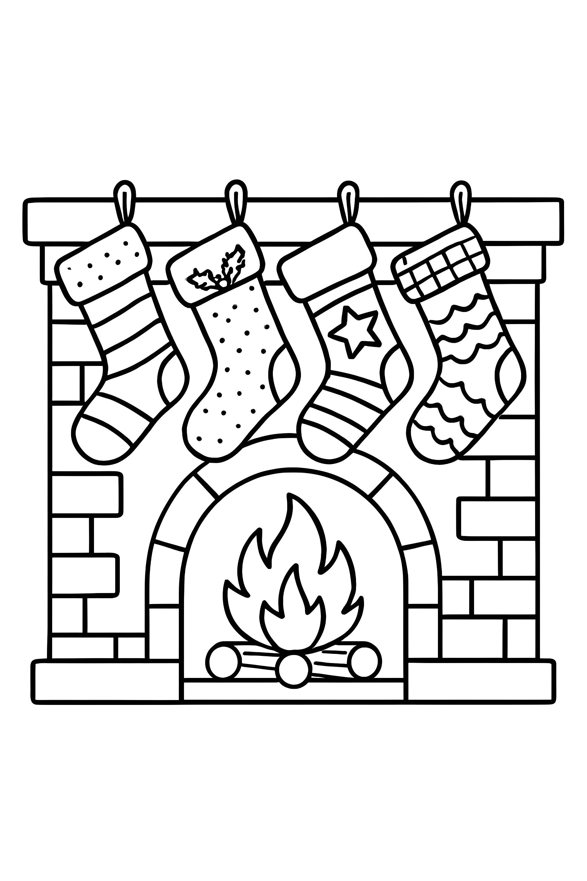 Four distinct Christmas stockings hung over a stone fireplace with a roaring fire