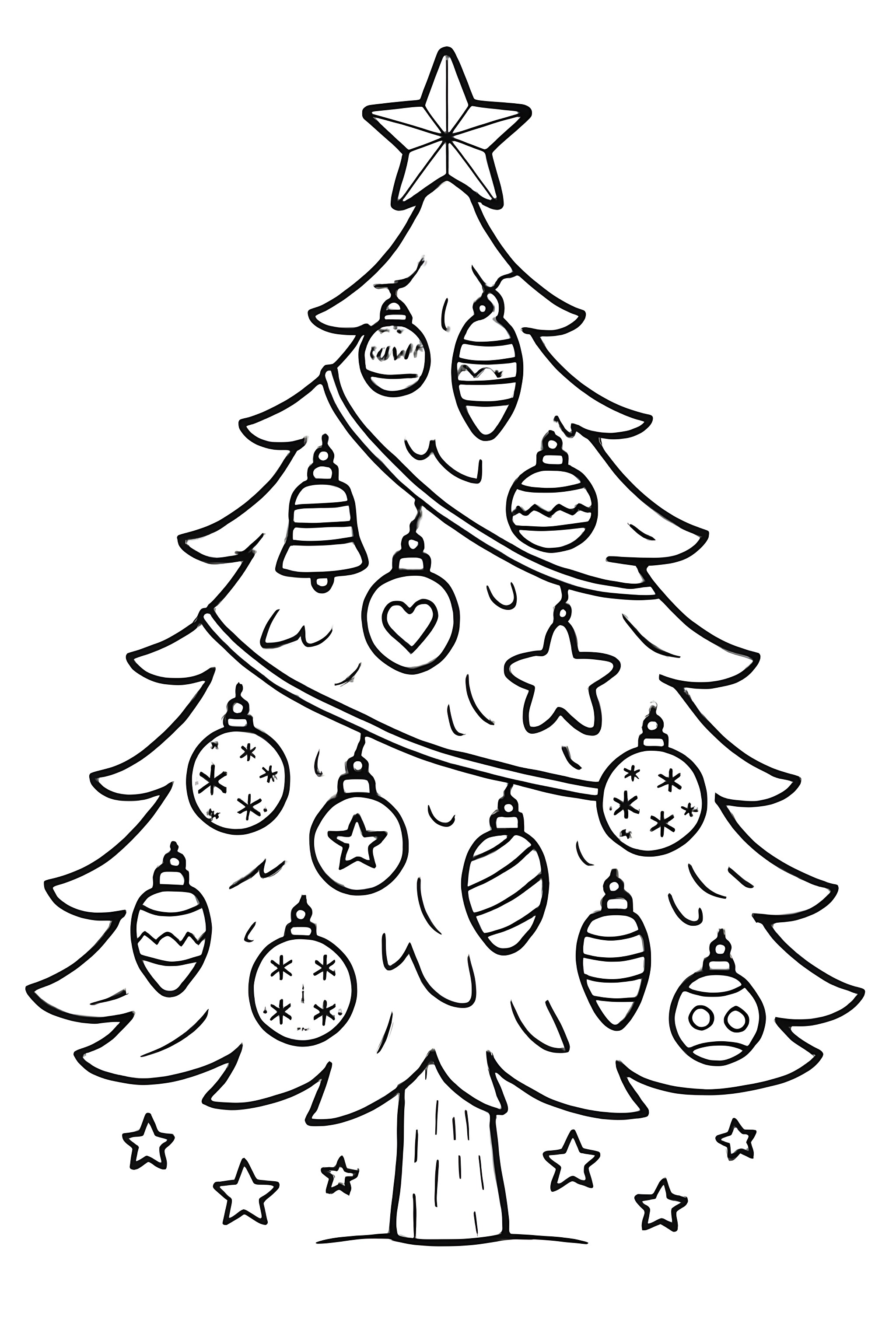 A Christmas tree adorned with various ornaments and a star on top, surrounded by small stars