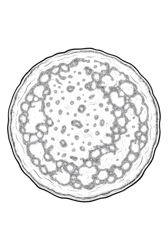 Coloring page of a close-up pancake with golden browning and round texture patterns