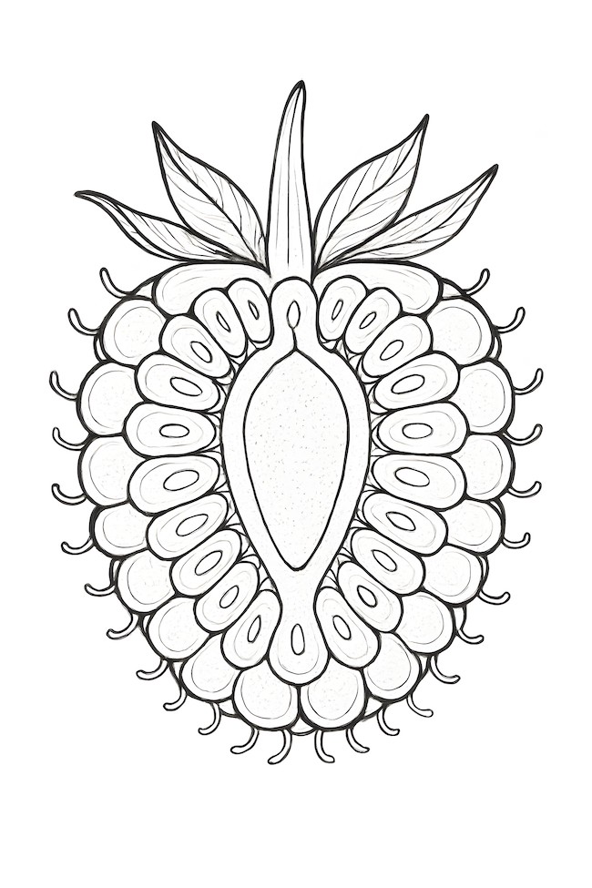 Coloring page of a detailed cross-section of a blackberry fruit showing seeds, skin, and leaves