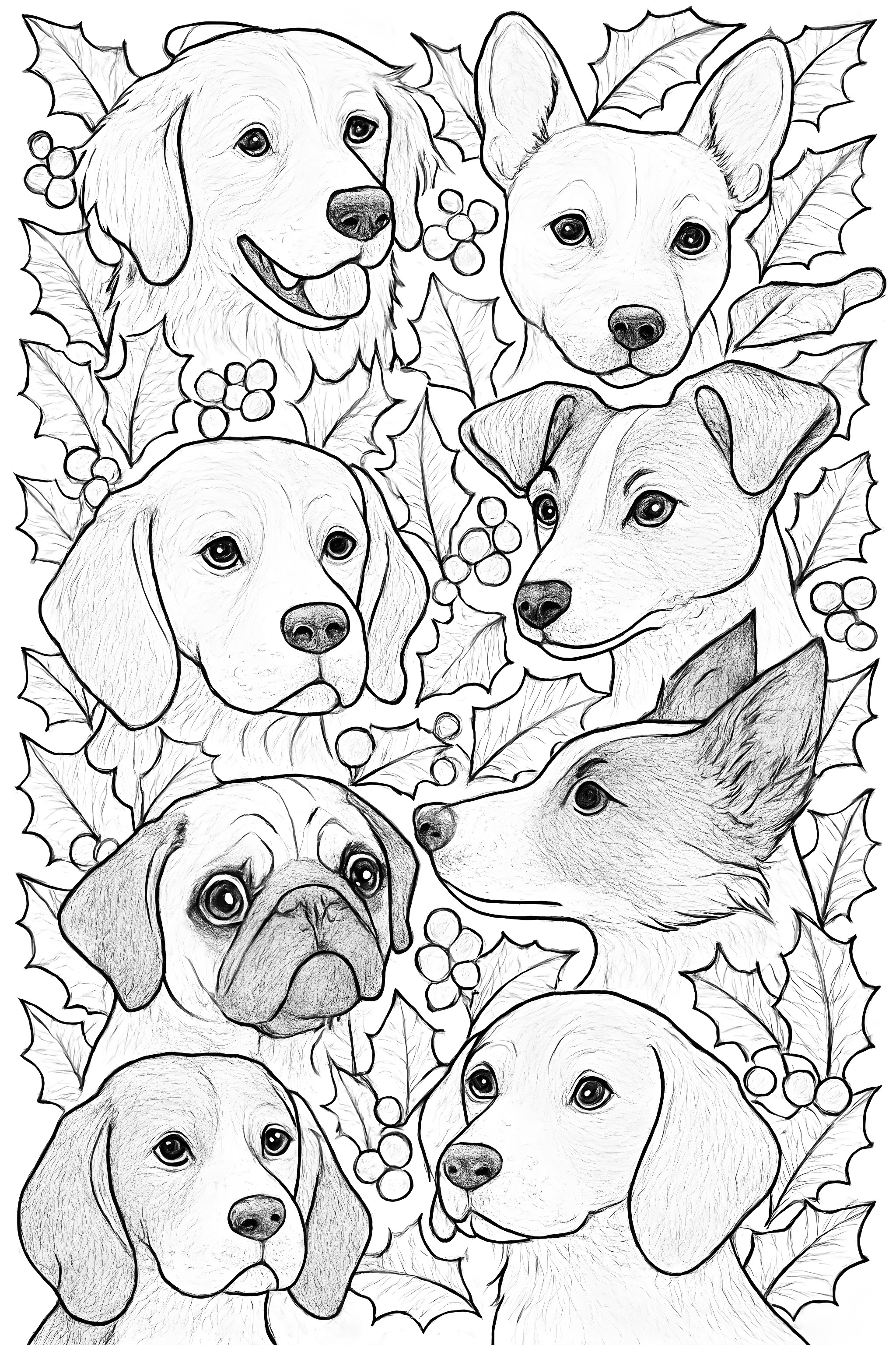 Coloring page featuring various dog breeds surrounded by holly and berries, including Golden Retrievers, Pugs, and Beagles