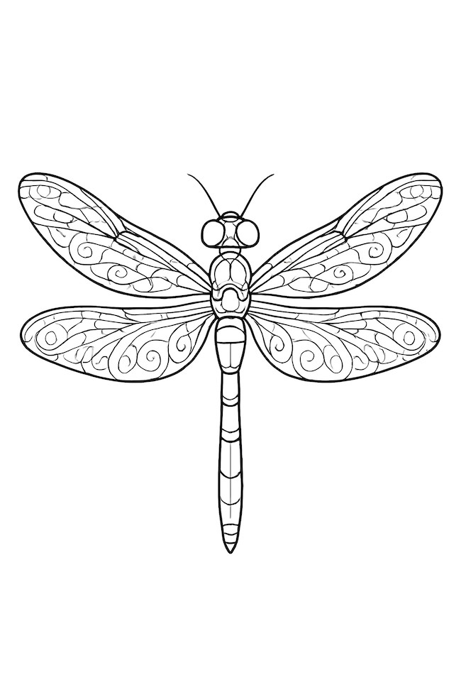 Coloring page of a dragonfly with intricate, patterned wings and a segmented body, hovering in mid-air
