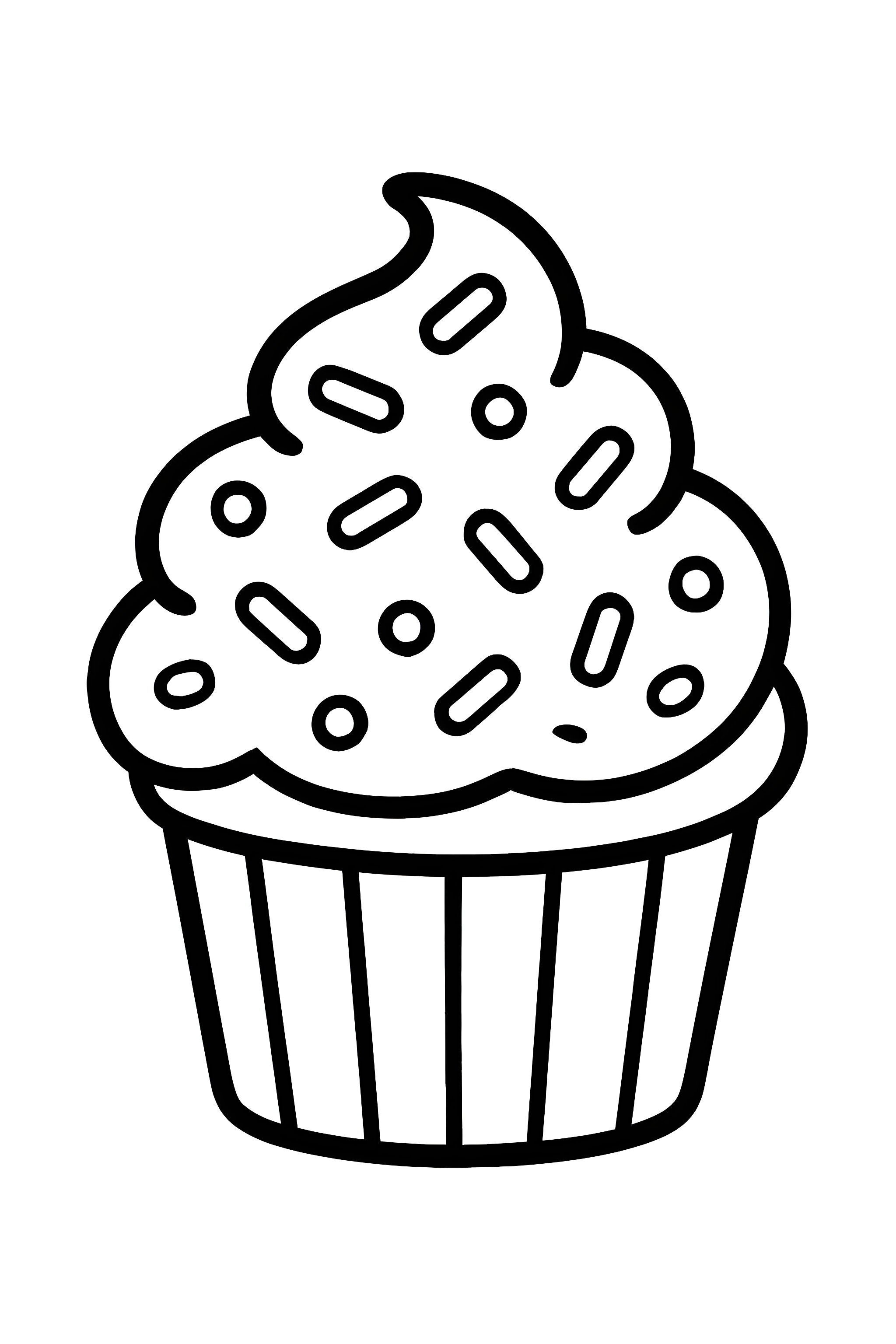 Coloring page of a cupcake featuring a swirl of frosting and assorted sprinkles atop a cup cake liner