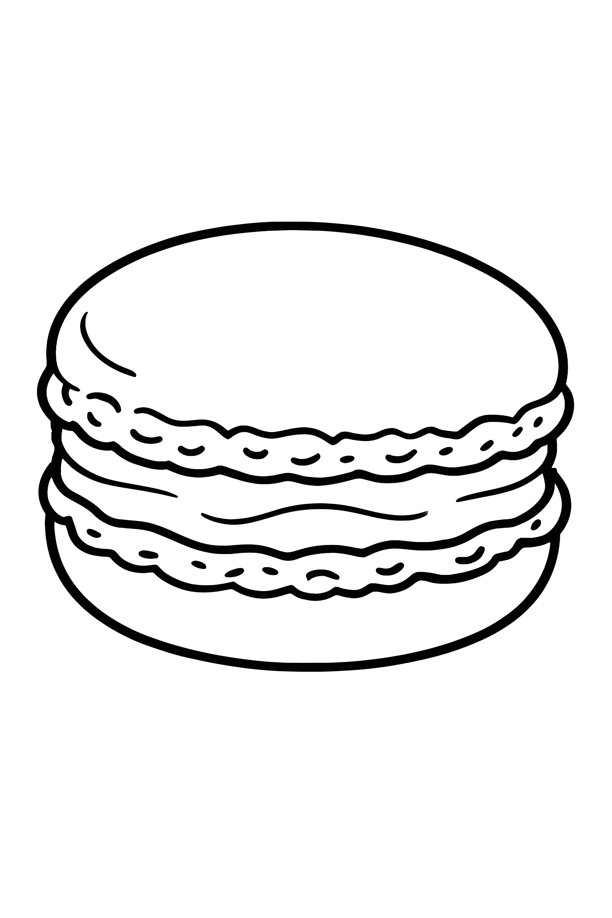 Coloring page of a macaron showing filling between two cookie layers, with wavy edges outlining the top and bottom shells