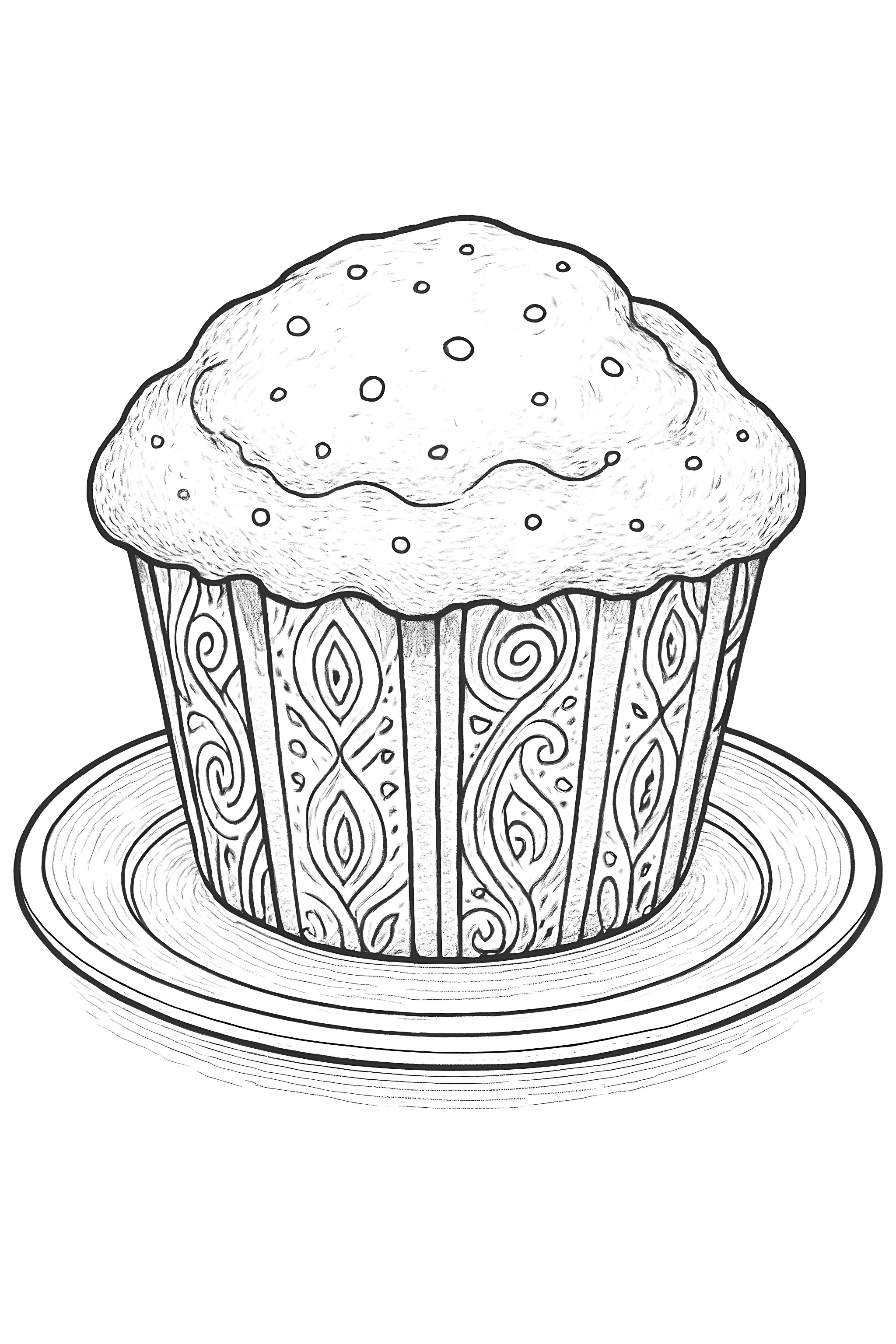 Coloring page of a muffin with decorative patterns on the wrapper, sitting on a plate