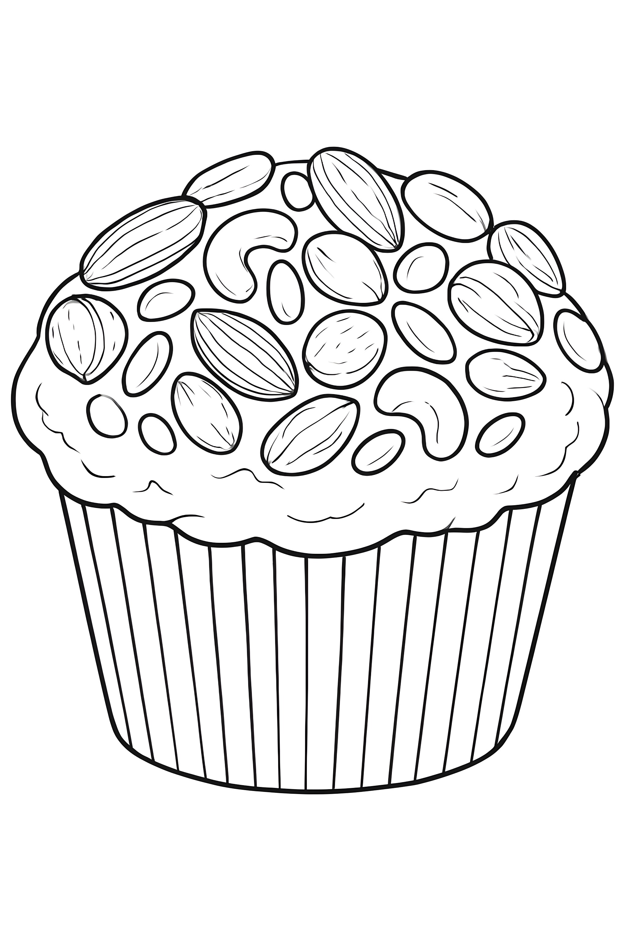 Coloring page of a muffin topped with various nuts including almonds and cashews, displayed in a striped paper wrapper