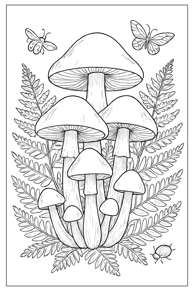 Coloring page featuring a detailed cluster of mushrooms surrounded by ferns and small insects
