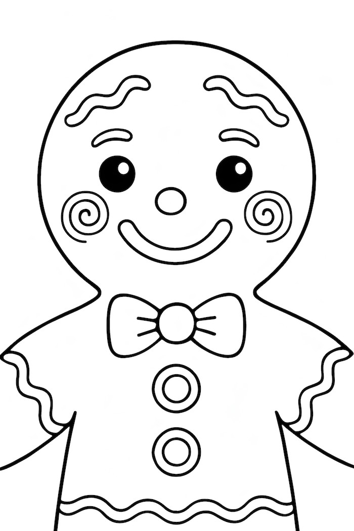 Coloring page of a gingerbread man with a detailed icing face, bow tie, and decorative buttons