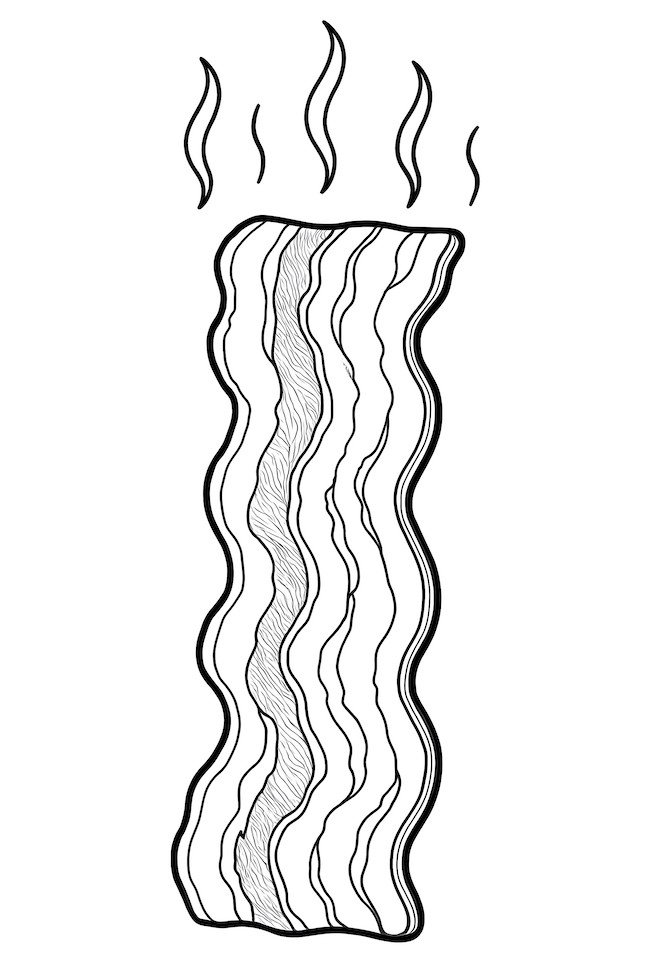 Coloring page of a detailed piece of sizzling bacon with wavy texture and steam rising from it