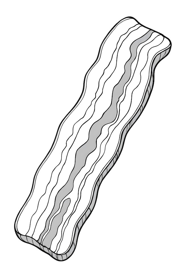 Coloring page of a detailed uncooked slice of bacon showcasing layers of fat and lean parts