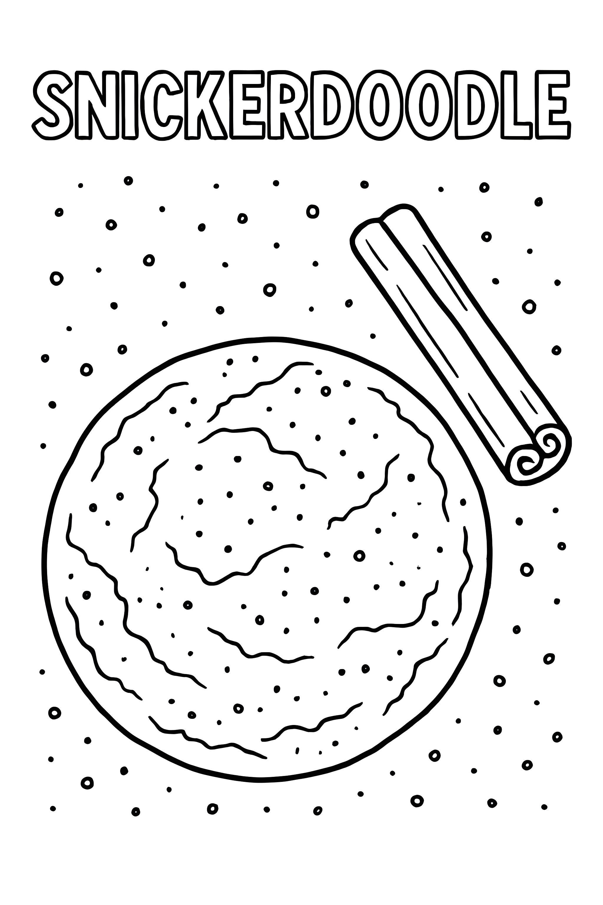 Coloring page featuring a snickerdoodle cookie with a rough texture and a cinnamon stick beside it, with sprinkled cinnamon details around.