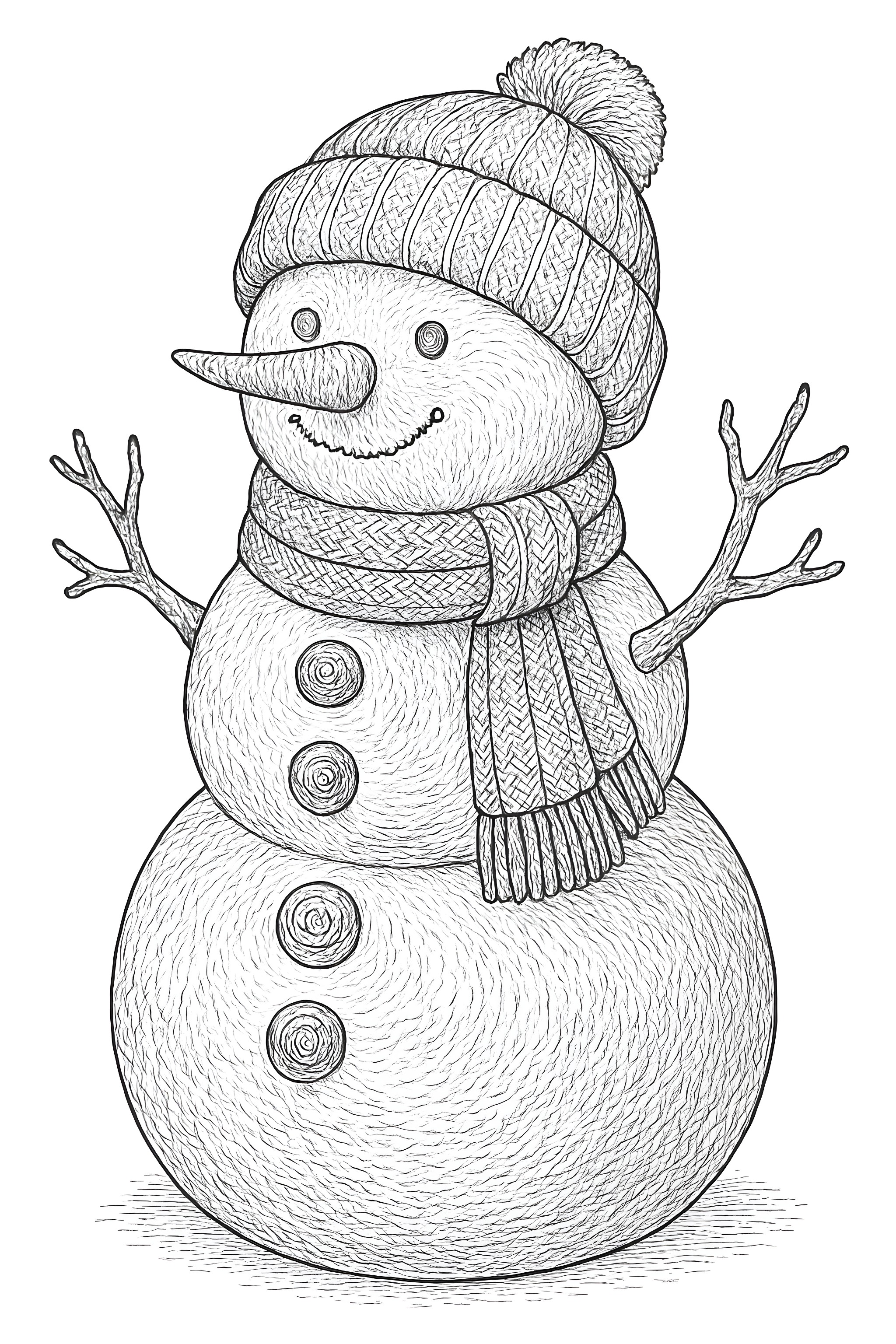 Coloring page of a snowman wearing a knitted hat and scarf, featuring a textured body and twig arms