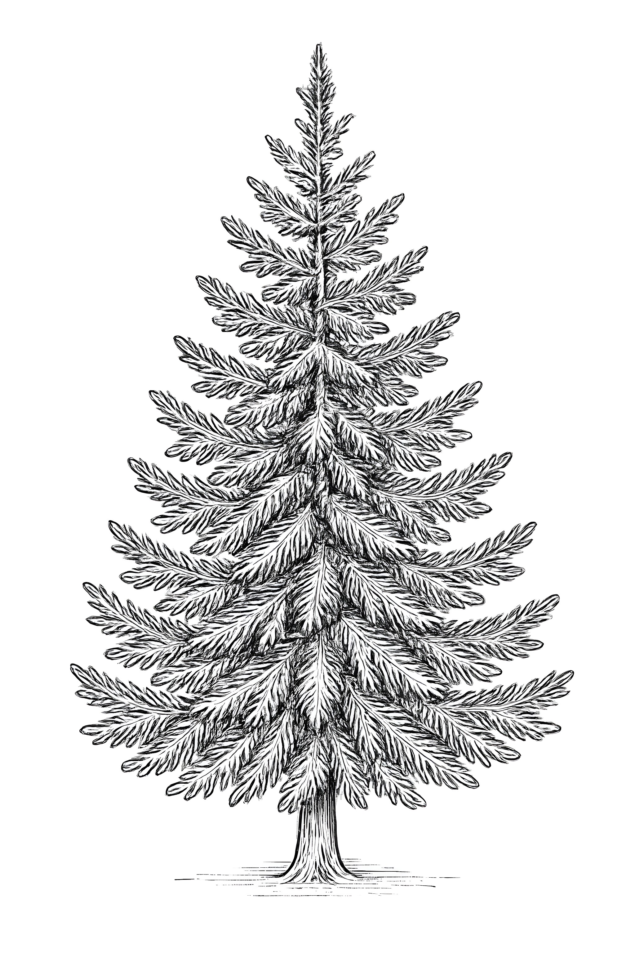 Coloring page of a tall Christmas tree with realistic branches and needles, featuring intricate details throughout the design