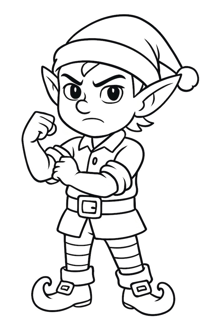 Coloring page of a determined elf with rolled-up sleeves, wearing a hat and striped pants, flexing an arm