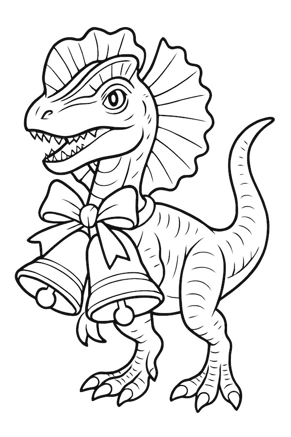 Dilophosaurus dinosaur adorned with Christmas bells and a festive bow, featuring distinctive frills on its head