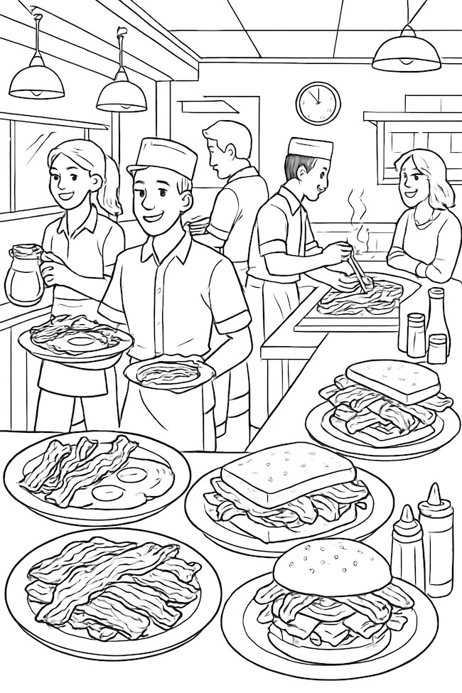 Coloring page of a busy diner with staff serving various bacon dishes on plates and customers enjoying their meals