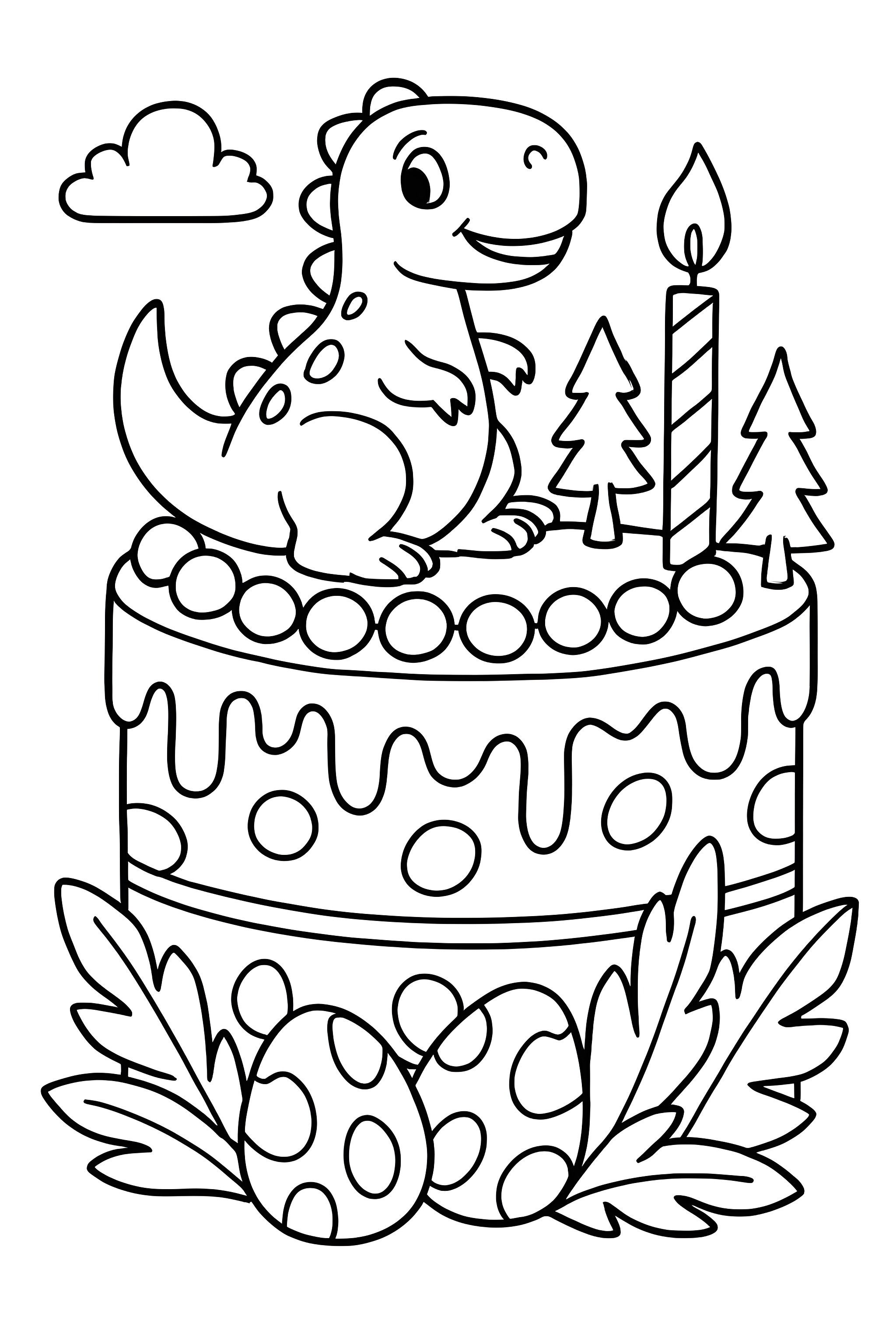Coloring page featuring a dinosaur sitting on top of a colorful cake with a candle and decorated eggs