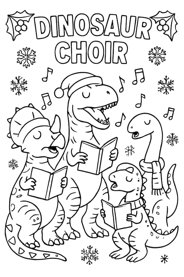 Dinosaur choir members wearing Christmas hats and scarves, holding music sheets and singing with musical notes above them