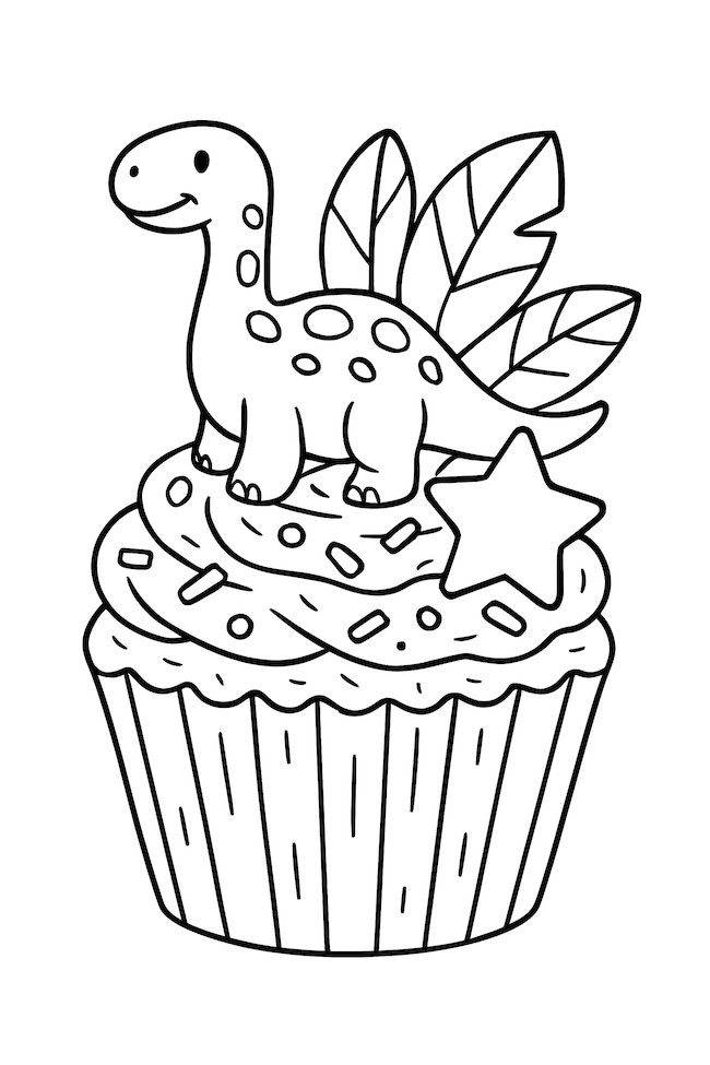 Coloring page of a cupcake featuring a dinosaur atop with decorative leaves and a star