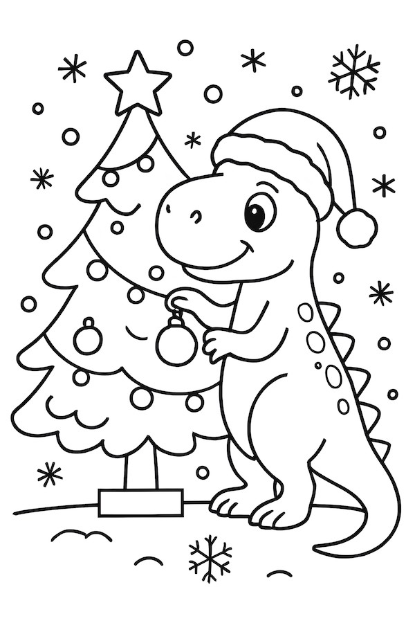 Coloring page of a dinosaur wearing a Santa hat, decorating a Christmas tree with ornaments and snowflakes in the background