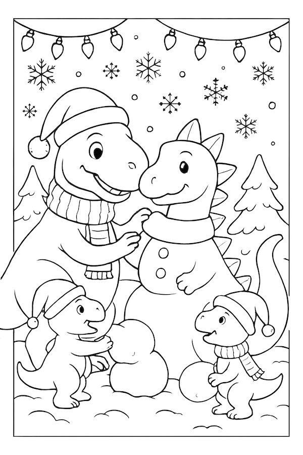 Dinosaur family building a snow dinosaur, featuring a parent dinosaur and two younger dinosaurs with festive hats in a winter scene