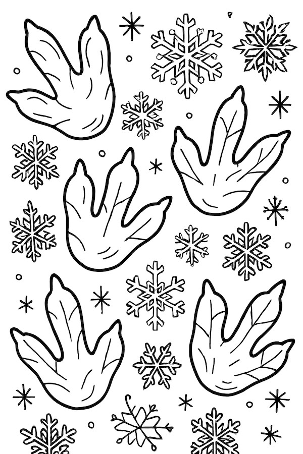Coloring page featuring dinosaur footprints interspersed with various snowflakes in a dynamic pattern