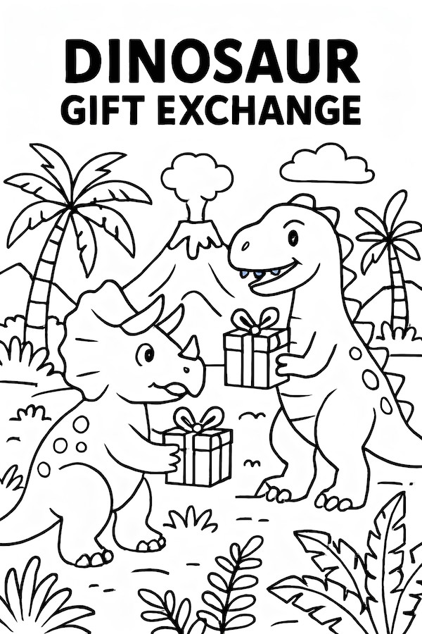 Coloring page featuring two dinosaurs exchanging gifts in a Jurassic landscape with palm trees and a volcano