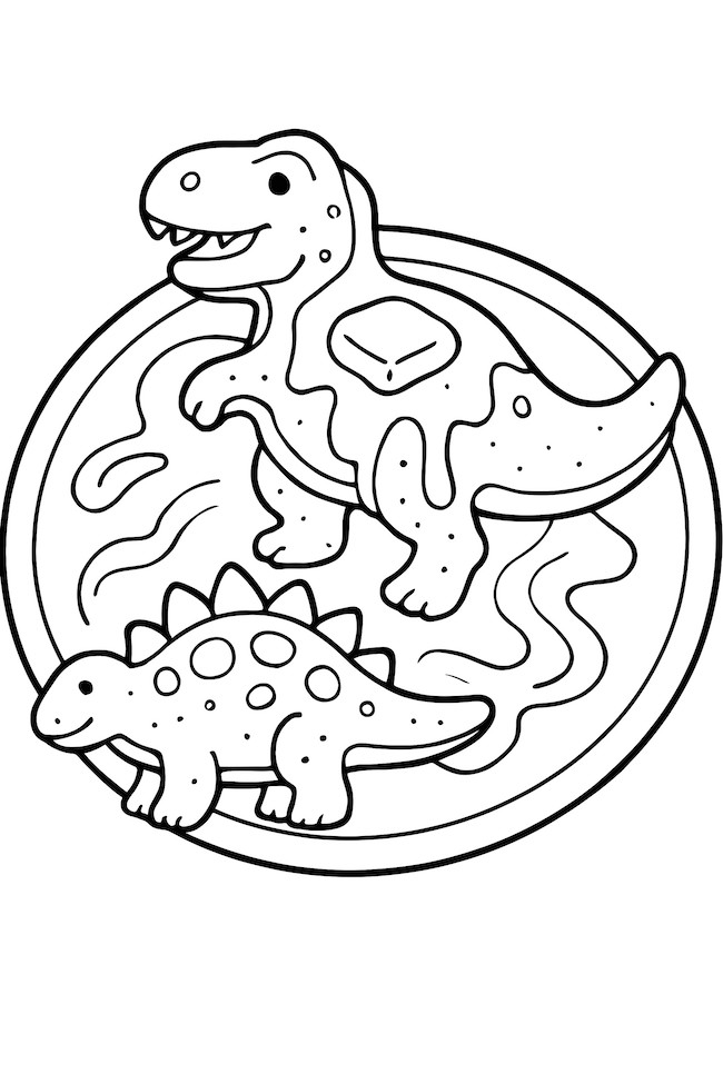 Coloring page featuring dinosaur-shaped pancakes with butter on top and syrup drizzling on a plate