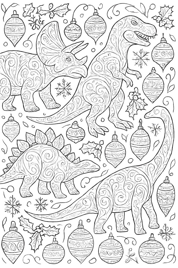 Intricate coloring page featuring dinosaur silhouettes surrounded by Christmas ornaments and snowflakes