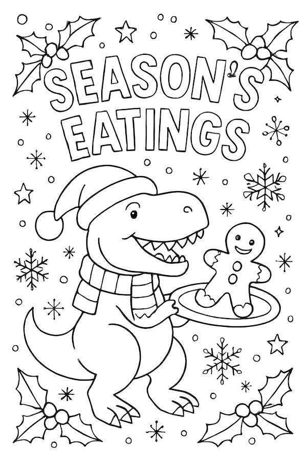 Coloring page featuring a dinosaur wearing a Santa hat and scarf, holding a plate with a gingerbread cookie, surrounded by snowflakes and holly