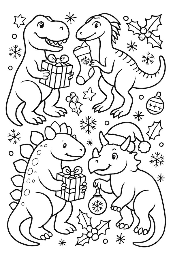 Coloring page featuring four dinosaurs, each holding different Christmas items such as presents, stockings, and ornaments, surrounded by holiday decorations.