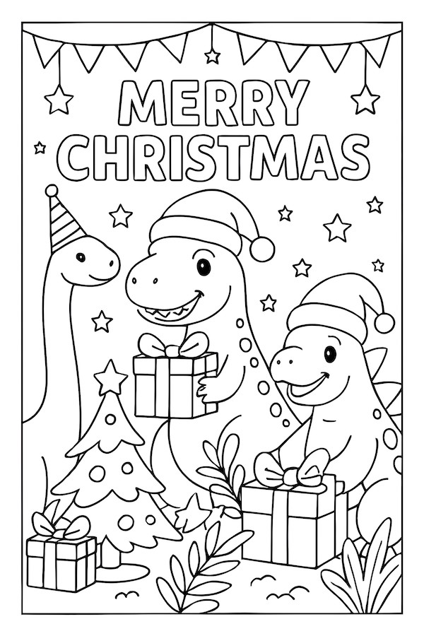 Coloring page of three dinosaurs wearing Christmas hats, standing by a decorated tree, surrounded by presents and festive decorations