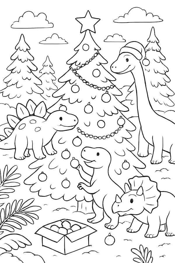 Coloring page of dinosaurs decorating a Christmas tree with ornaments in a snowy prehistoric forest