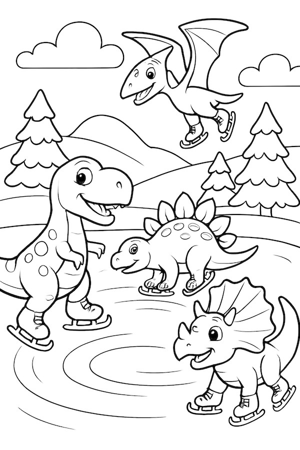 Dinosaurs ice skating on a frozen pond, featuring a T-Rex, stegosaurus, and triceratops with a pterosaur flying overhead in a winter landscape