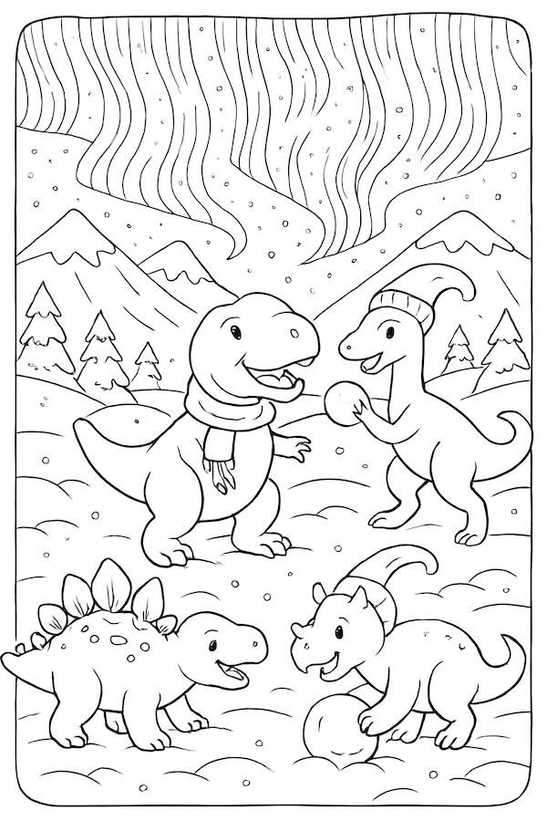 Coloring page of dinosaurs playing in the snow with northern lights glowing above and snowy mountains in the background