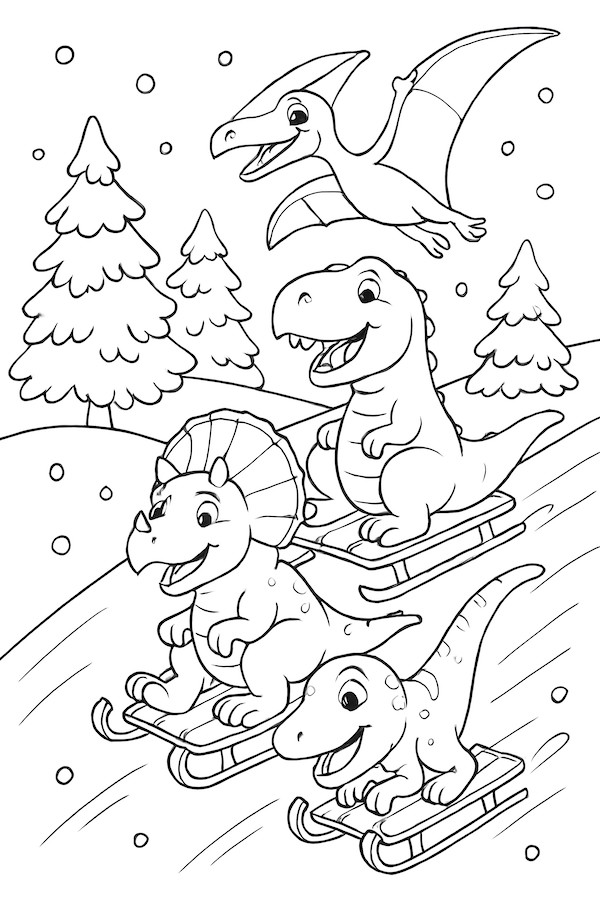 Coloring page featuring three dinosaurs sledding down a snowy hill with trees and a flying dinosaur in the background