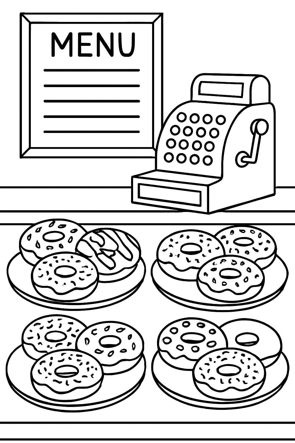 Coloring page featuring a variety of donuts on plates with a cash register and menu board in the background