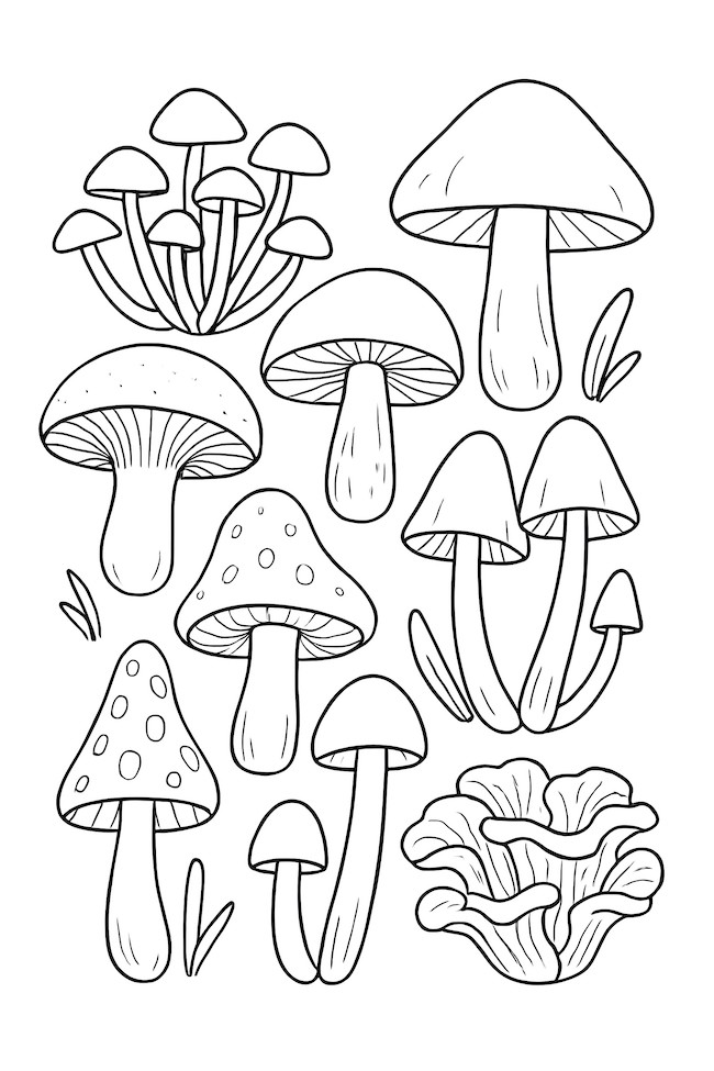Coloring page featuring various mushroom species, including cap, stem, and gilled mushrooms in a forest setting