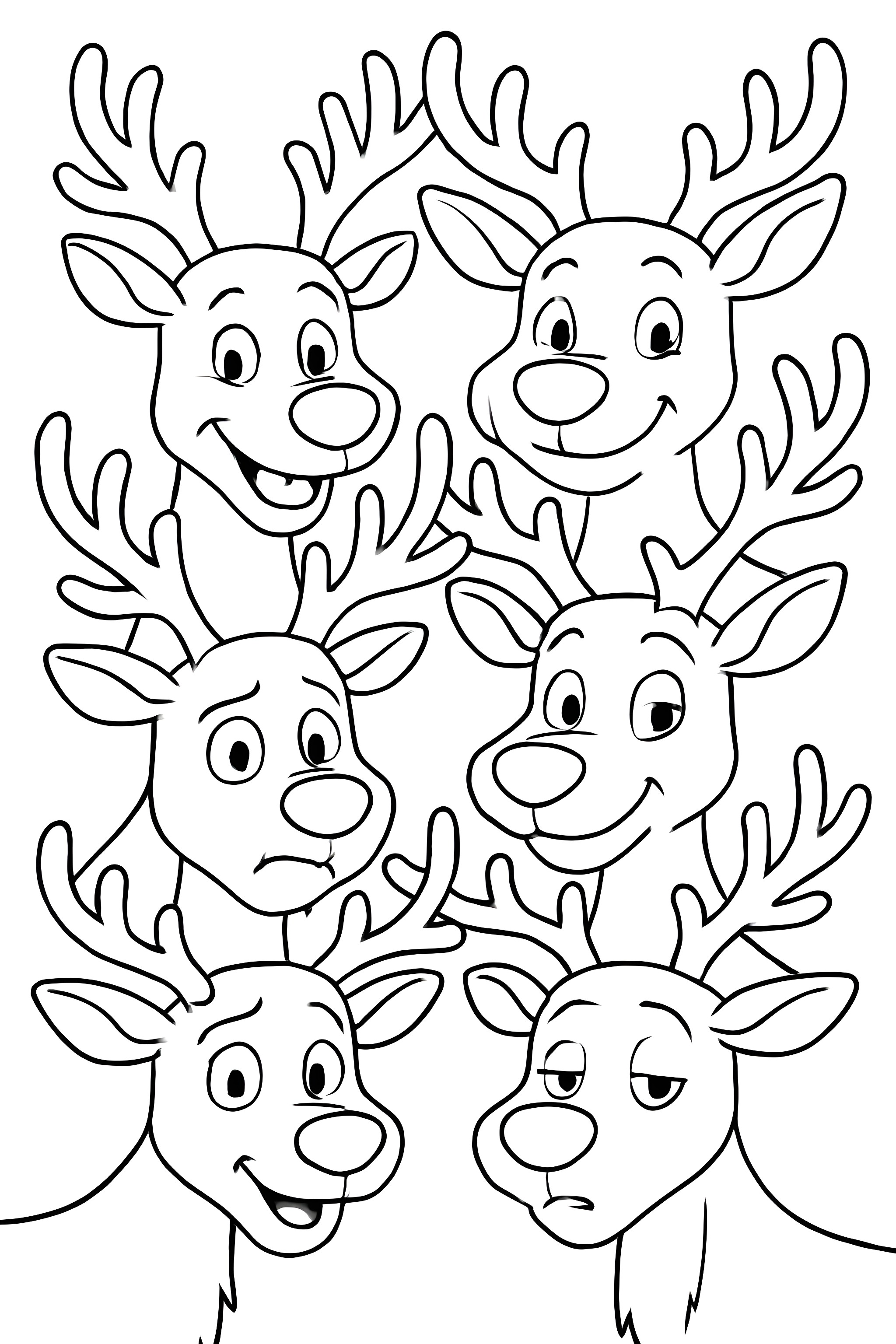 Coloring page featuring a group of six reindeer with a variety of facial expressions and distinctive antlers