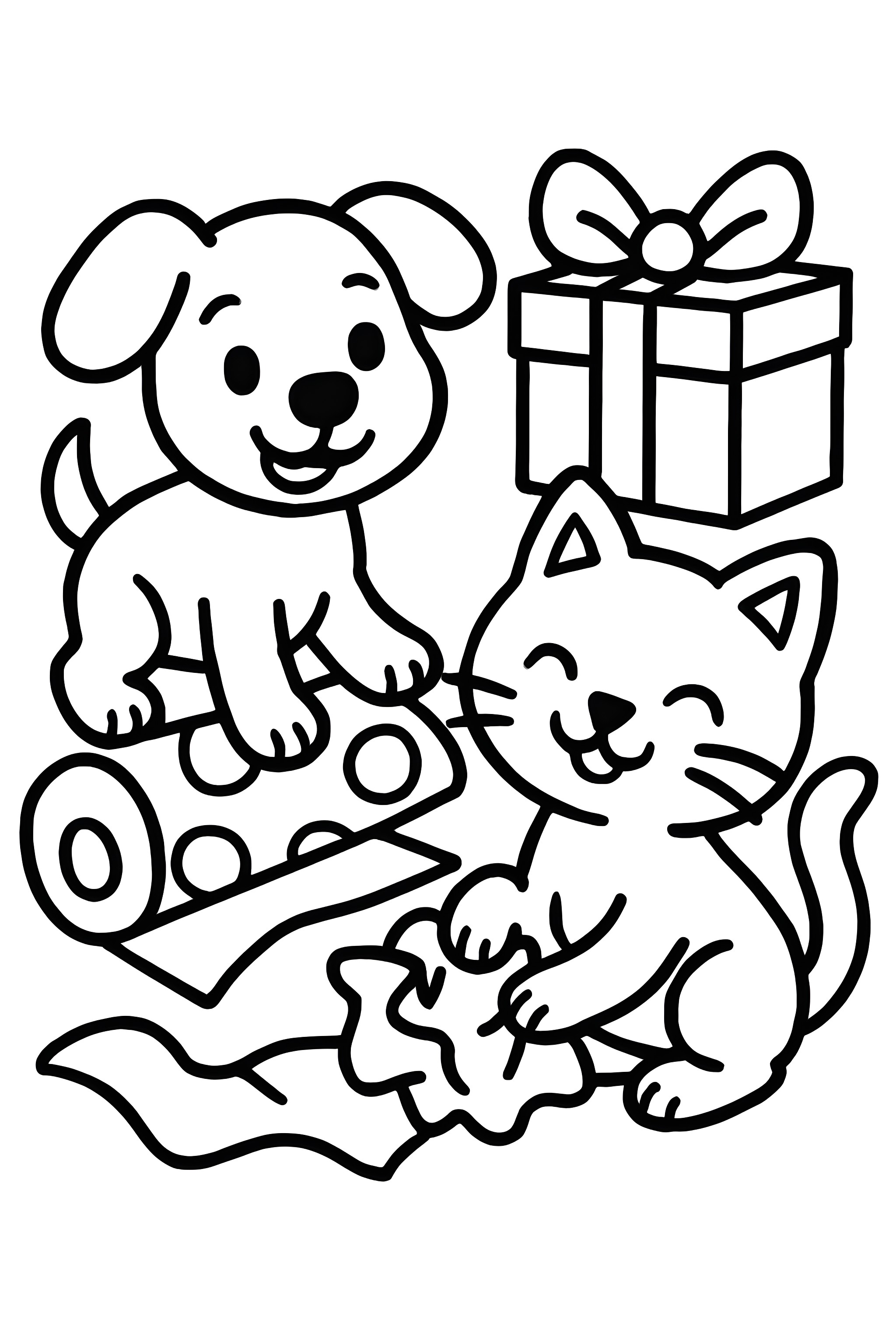 A dog and cat play with colorful Christmas wrapping paper and a gift box, creating a festive scene